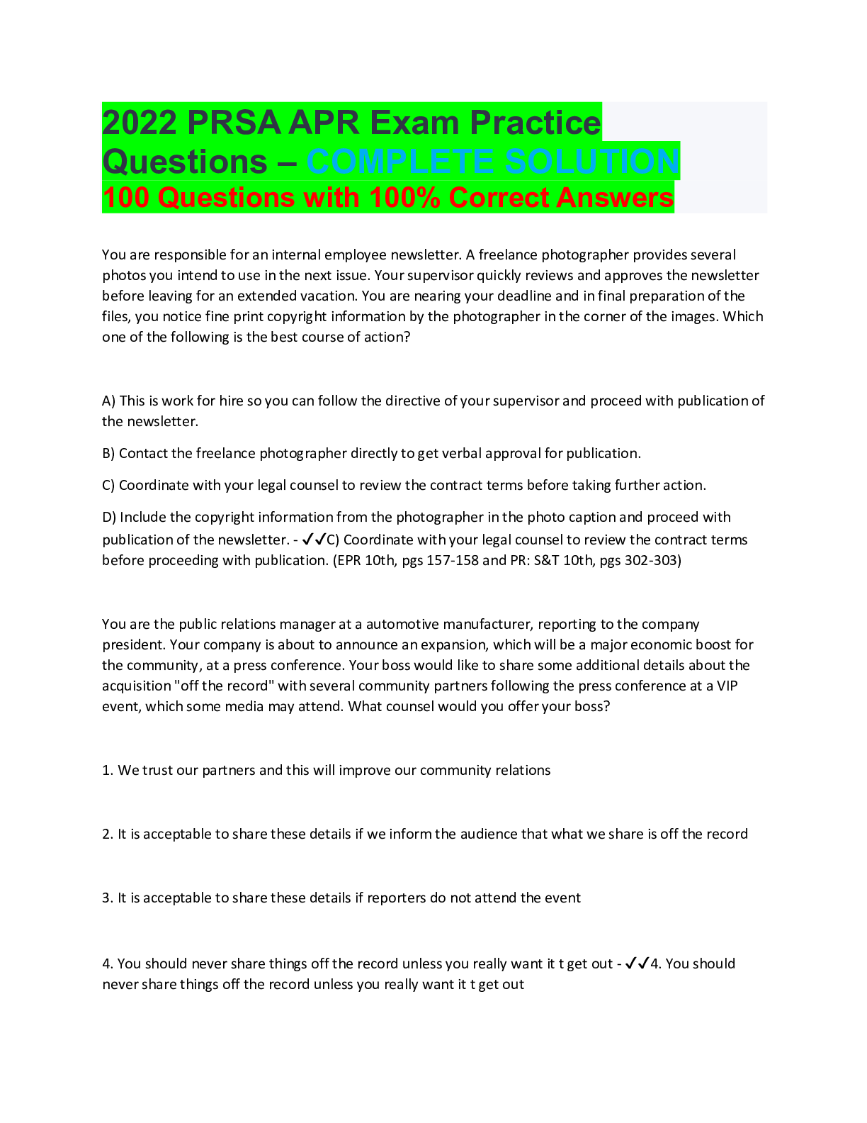 Preview of 2022 PRSA APR Exam Practice Questions – COMPLETE SOLUTION 100 Questions with 100% Correct